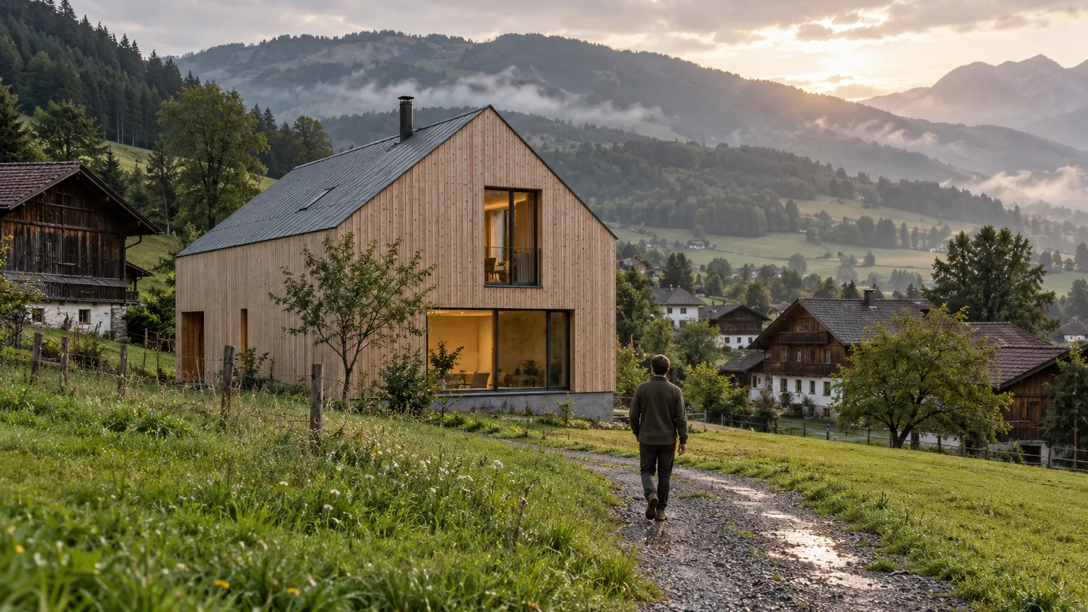 Neues Einfamilienhaus mit Lärchenholzfassade am Rand eines Dorfes zwischen alten Bauernhäusern und bewaldeten Hügeln